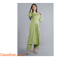 NAAVIV Women’s Pista Green Rayon Flared kurta with Palazzo