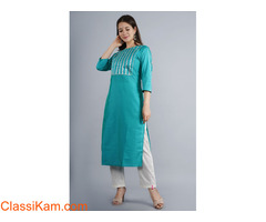 NAAVIV Women’s Sea Green Crape Cotton Kurta with Pants