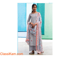 Ice Lavender Linen Zari Checks Top With Bemberg Chiffon Dupatta