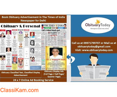Get Times of India Delhi Obituary Advertisement Rates Online