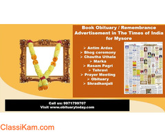 Find Times of India Mysore Obituary Ad Booking Rates