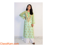 Buy Hand Embroidered Lucknowi Chikan Kurti With Palazzo Light Green