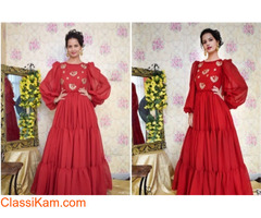 Buy Maroon Embroidered Massive Flare Dress